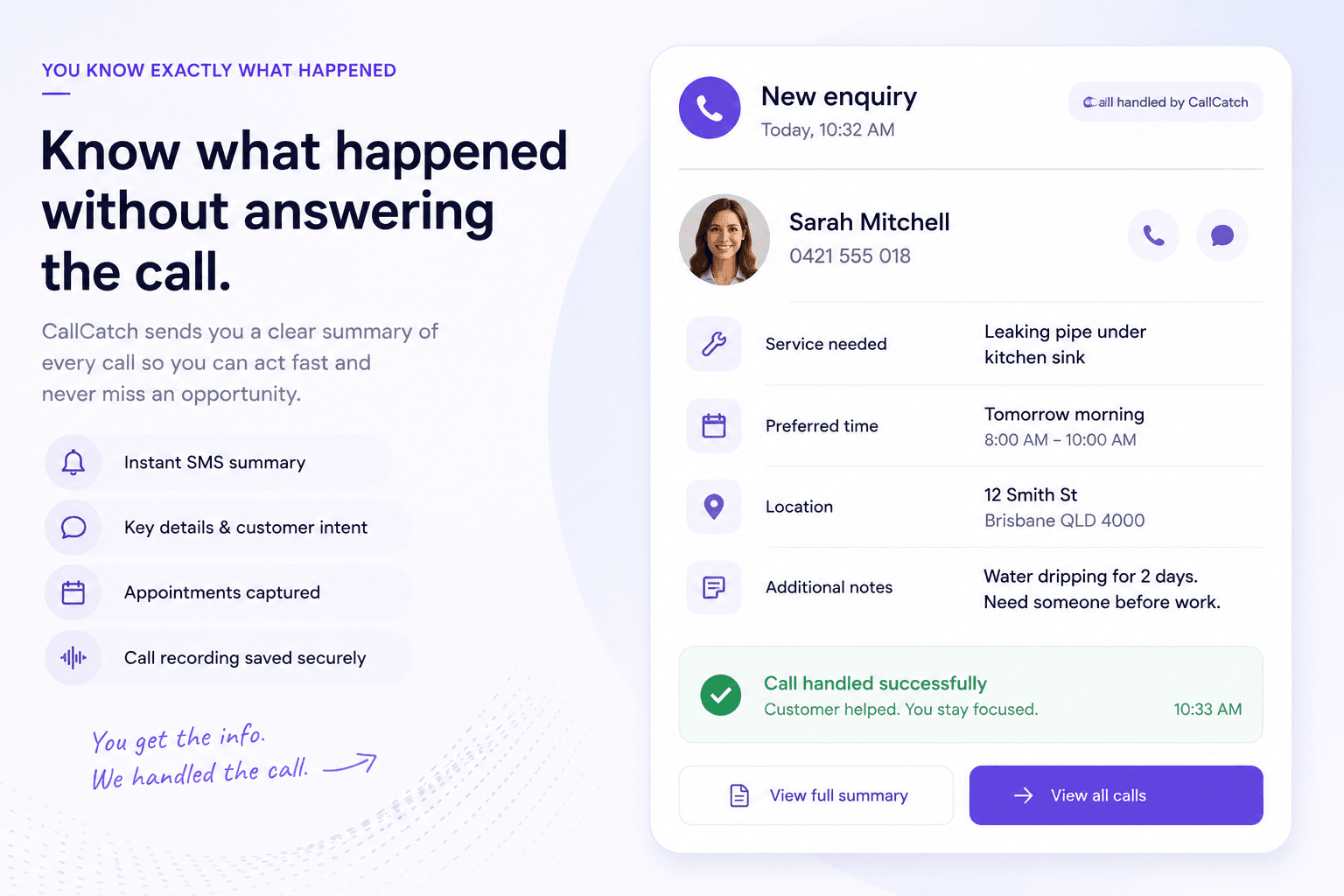 CallCatch call outcome summary visual